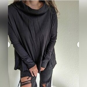 NWT Free People Black Cowl Neck Waffle Oversized Top Size S Split Back Hem Shirt